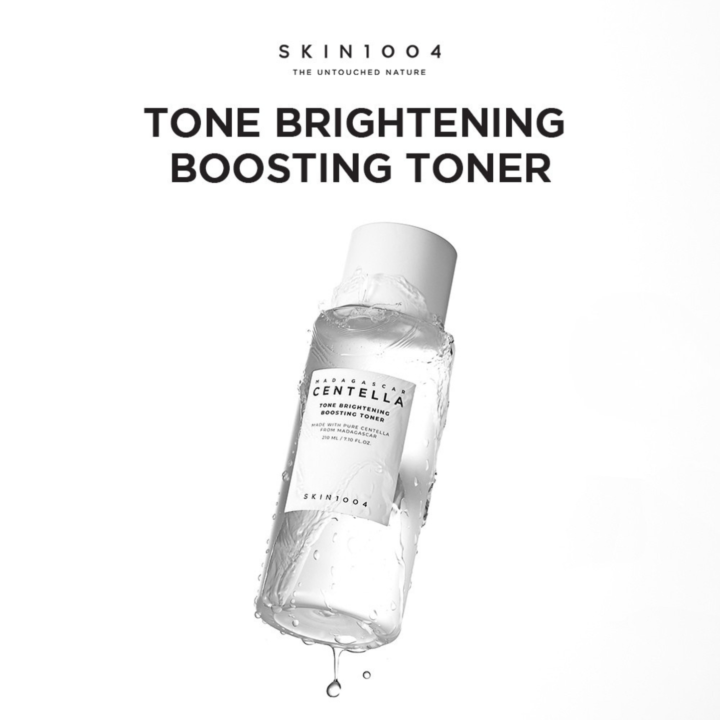 SKIN1004 Madagascar Tone Brightening Boosting Toner with dripping water and text: Tone brightening boosting toner 