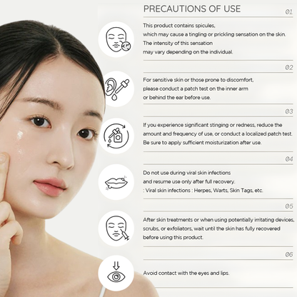 Woman applying SKIN1004 Niacinamide 10 Boosting Shot Ampoule with text on precautions of use