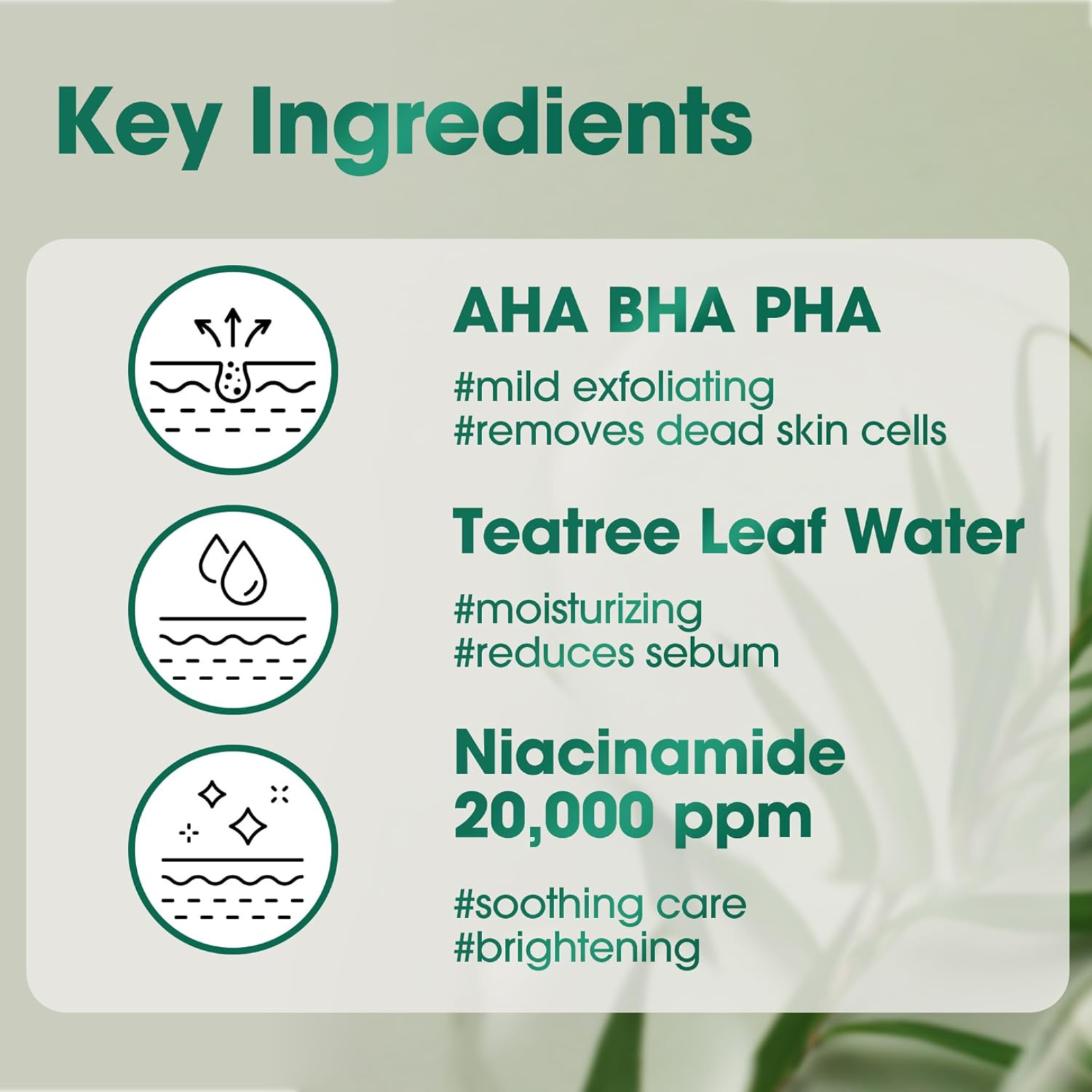Key ingredients SOME BY MI AHA BHA PHA 30 Days Miracle Toner with icons and descriptions on a light green background.