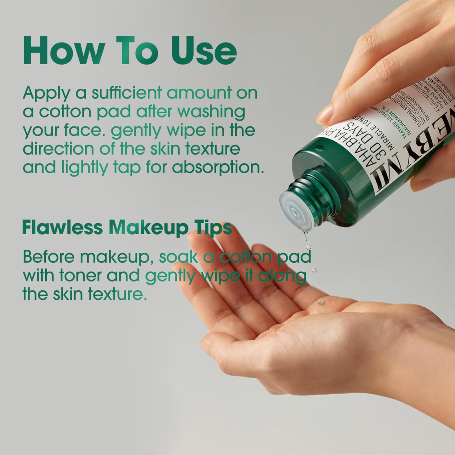 SOME BY MI AHA BHA PHA 30 Days Miracle Toner being poured into a hand with text on how to use it.