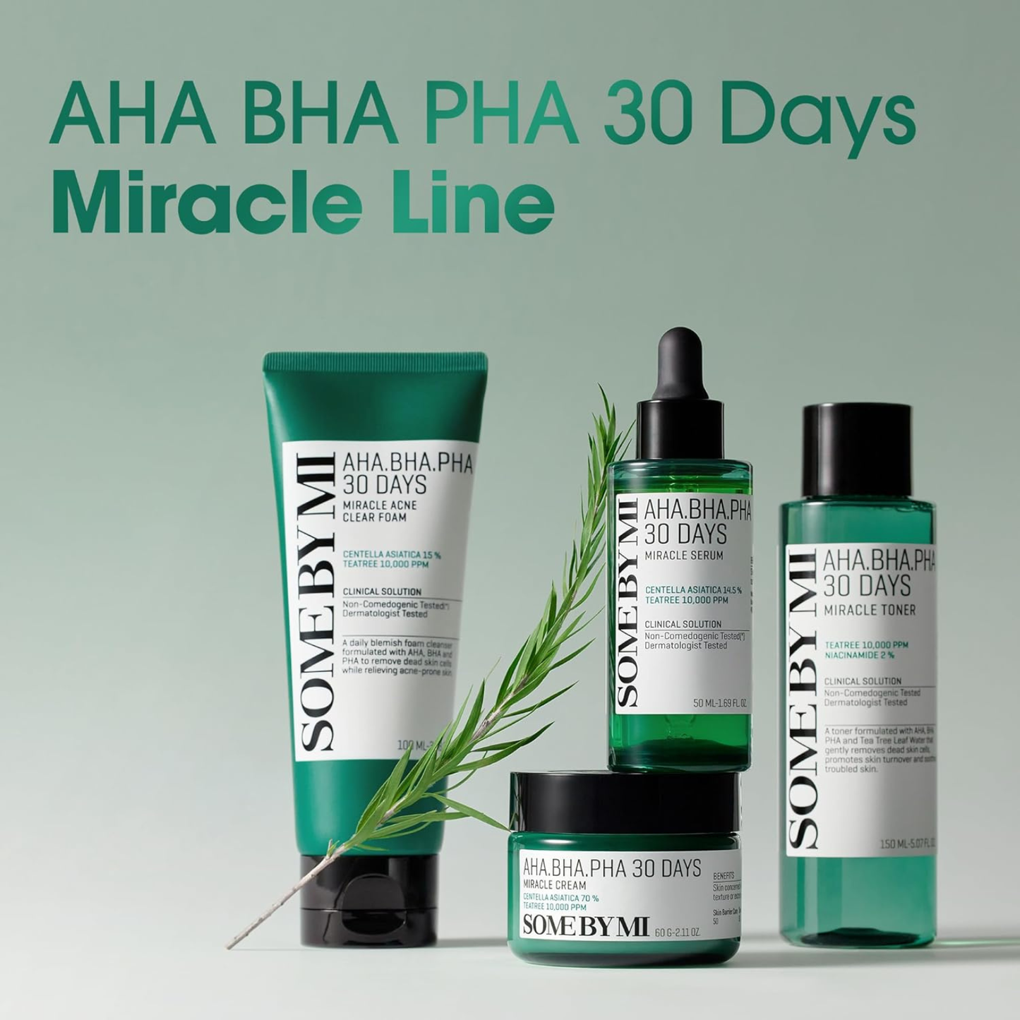 Skincare products from the 'AHA BHA PHA 30 Days Miracle Line' by SOME BY MI on a light green background.