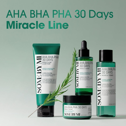 Skincare products from the 'AHA BHA PHA 30 Days Miracle Line' by SOME BY MI on a light green background.