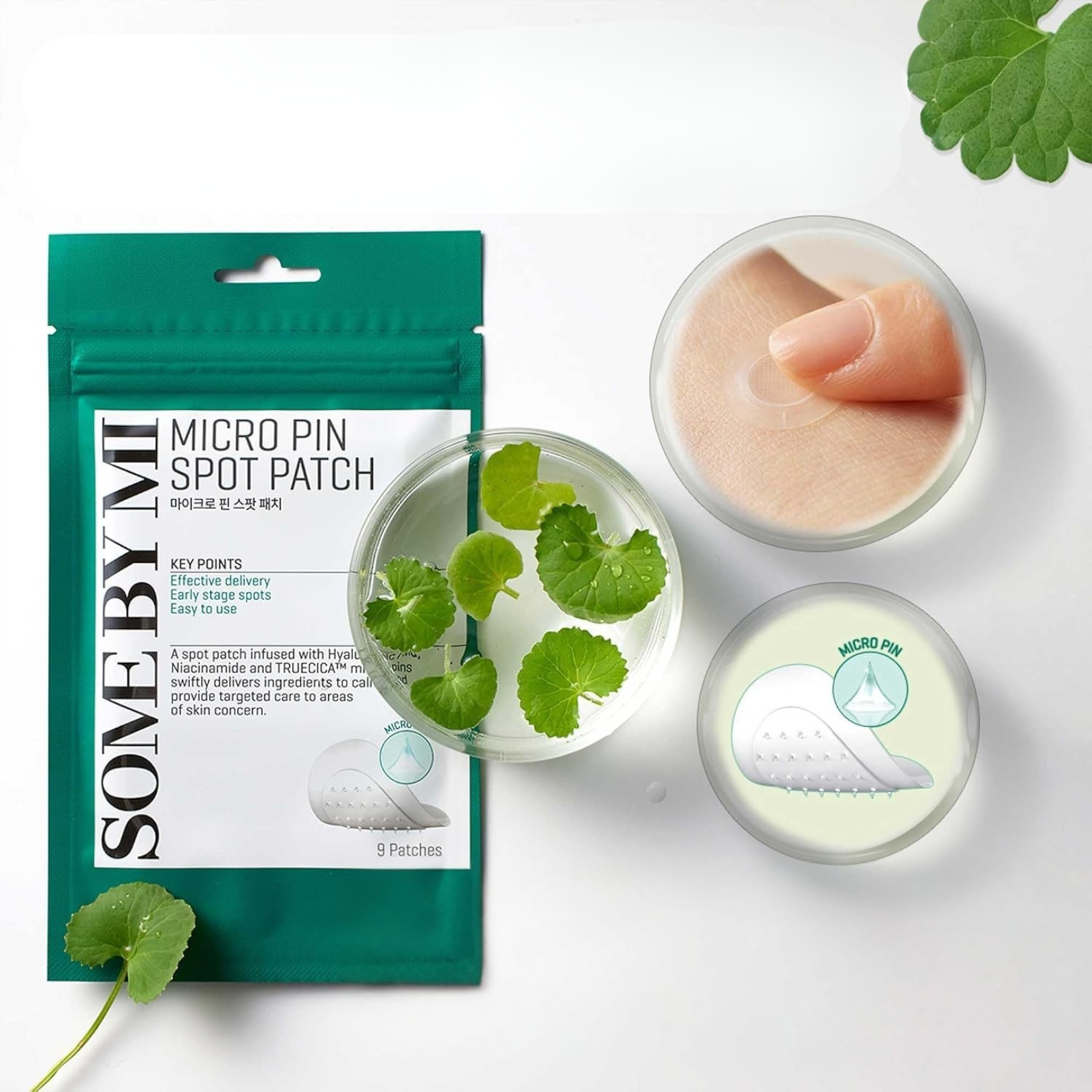 SOME BY MI micro pin spot patch packaging with green leaves on a white background