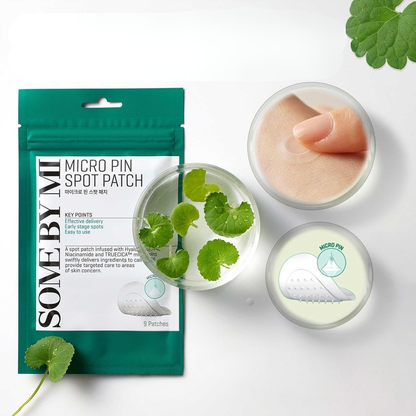 SOME BY MI micro pin spot patch packaging with green leaves on a white background