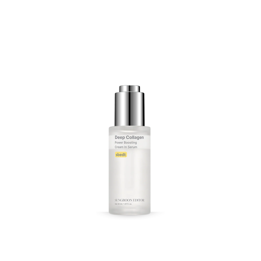 SUNGBOON EDITOR Deep Collagen Power Boosting Cream In Serum bottle with silver cap on a white background