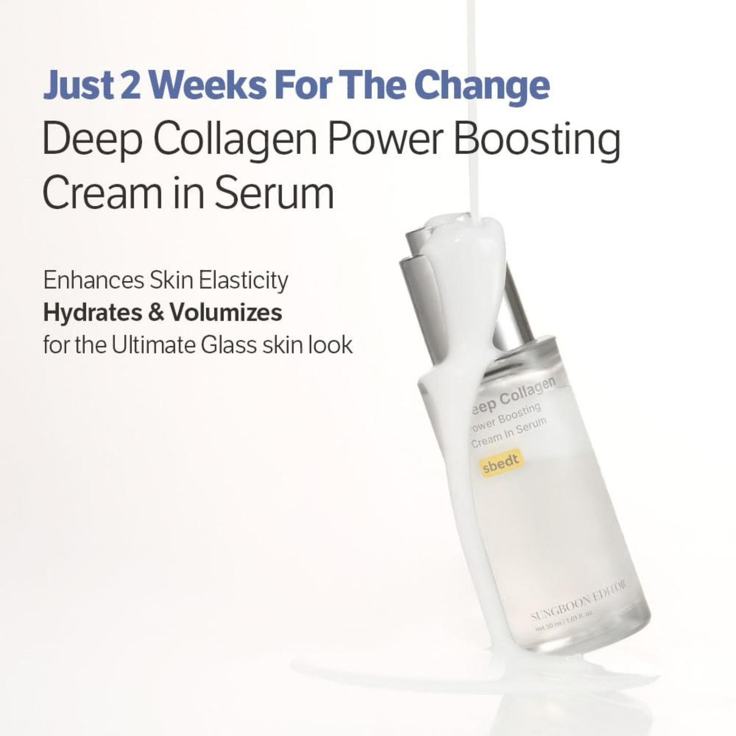 SUNGBOON EDITOR Deep Collagen Power Boosting Cream In Serum with text about how the product hydrates and volumizes for a glass skin look on a white background
