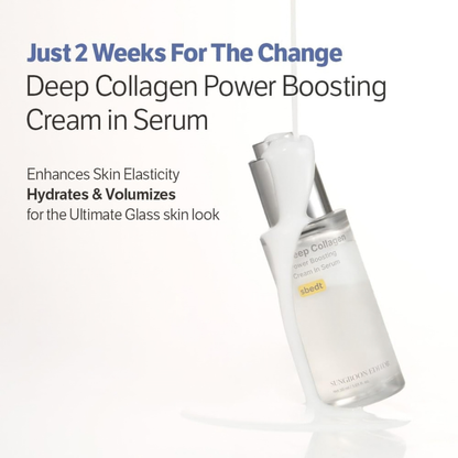 SUNGBOON EDITOR Deep Collagen Power Boosting Cream In Serum with text about how the product hydrates and volumizes for a glass skin look on a white background
