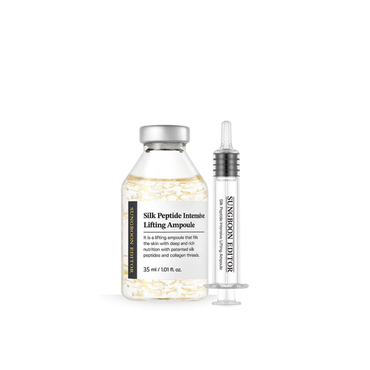 SUNGBOON EDITOR Silk Peptide Intensive Lifting Ampoule and syringe on a white background