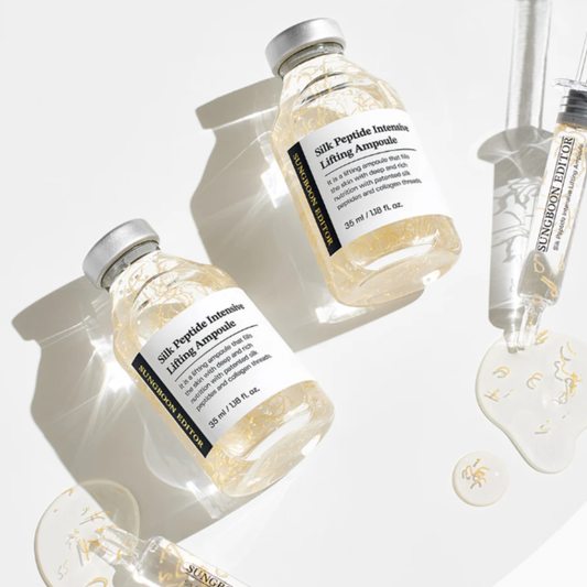 SUNGBOON EDITOR Silk Peptide Intensive Lifting Ampoules with serum on a white background