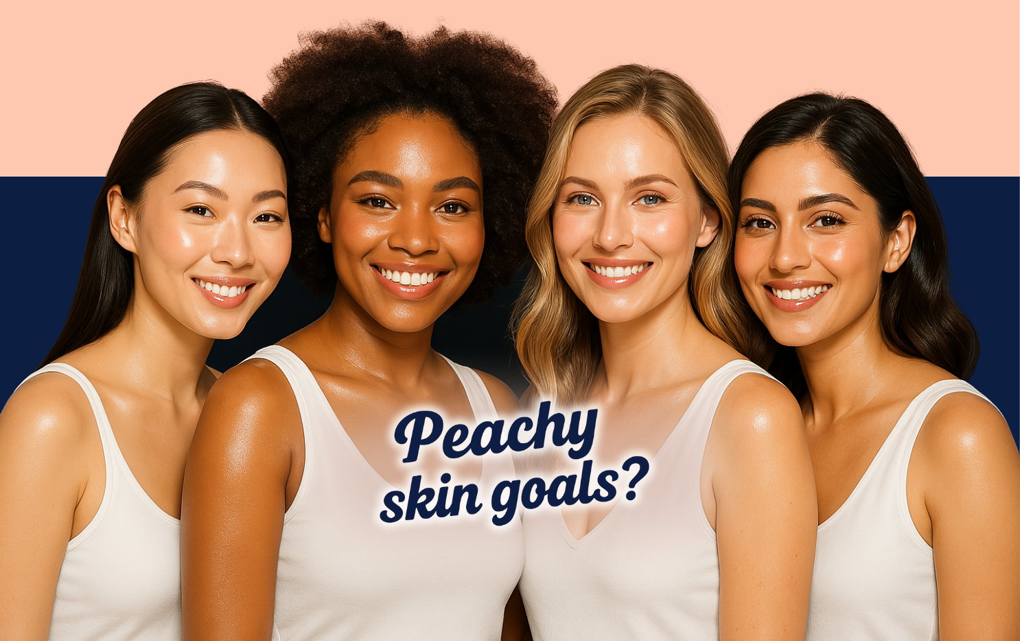 Four women with different skin tones wearing white tank tops against a gradient background with text 'Peachy skin goals?'.