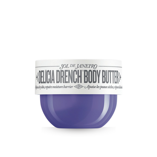 Purple  jar of Sol de Janeiro Delícia Drench™ Body Butter with white label on a white background