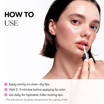 Woman applying VT Cosmetics Reedle Shot Lip Plumper Beginner with text on how to use it
