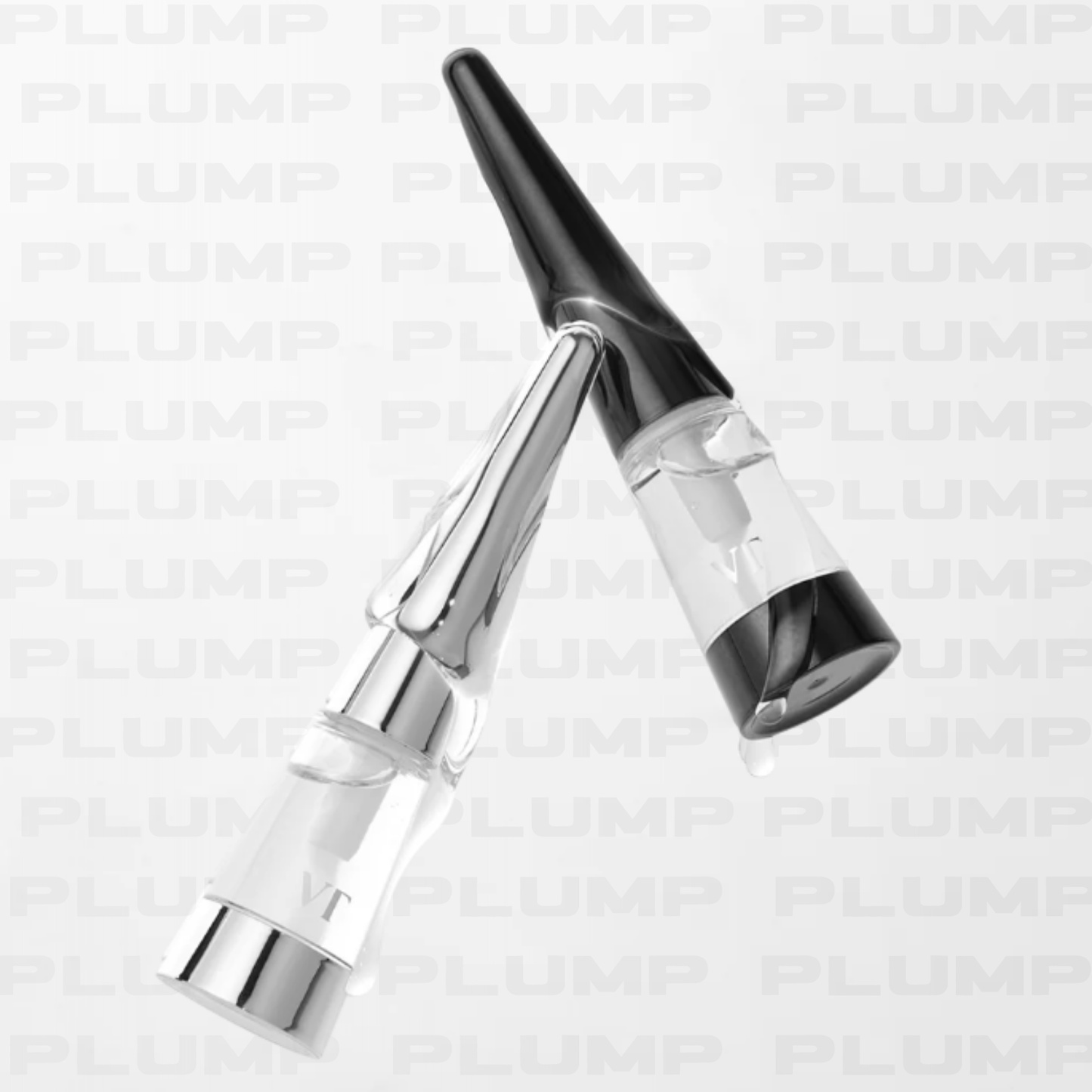 VT Cosmetics Reedle Shot Lip Plumper Beginner and Expert bottles on a light grey background with text saying "plump"