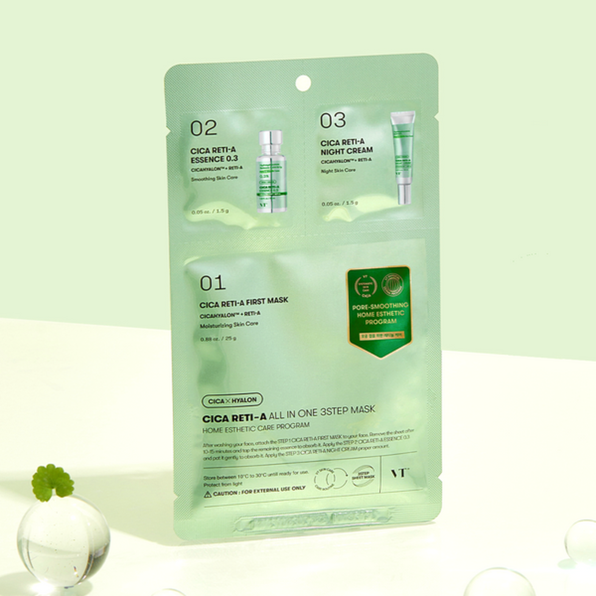 VT Cosmetics Cica Reti-A All in one 3 Step Mask on a light green background