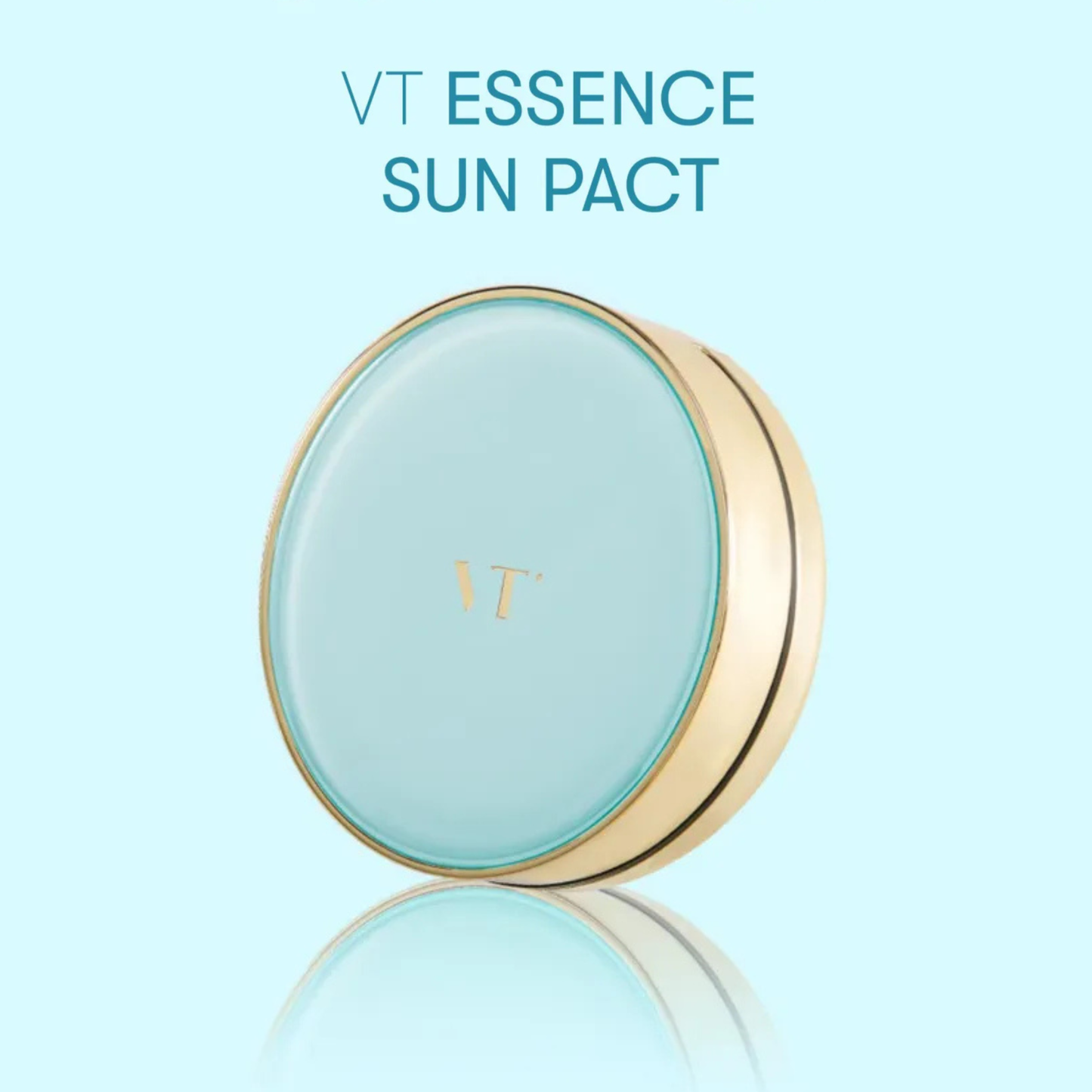 VT Cosmetics Essence Sun Pact with reflection on a light blue background
