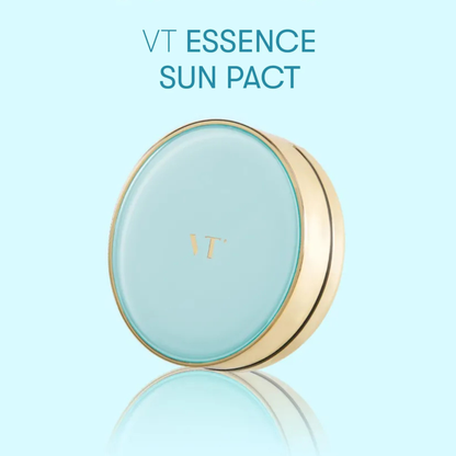 VT Cosmetics Essence Sun Pact with reflection on a light blue background