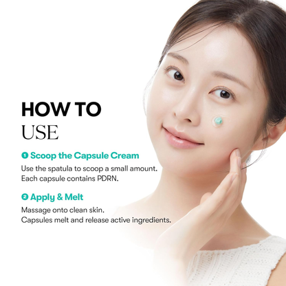 Woman applying VT Cosmetics PDRN Capsule Cream 100 to her face with text on how to use a capsule cream.