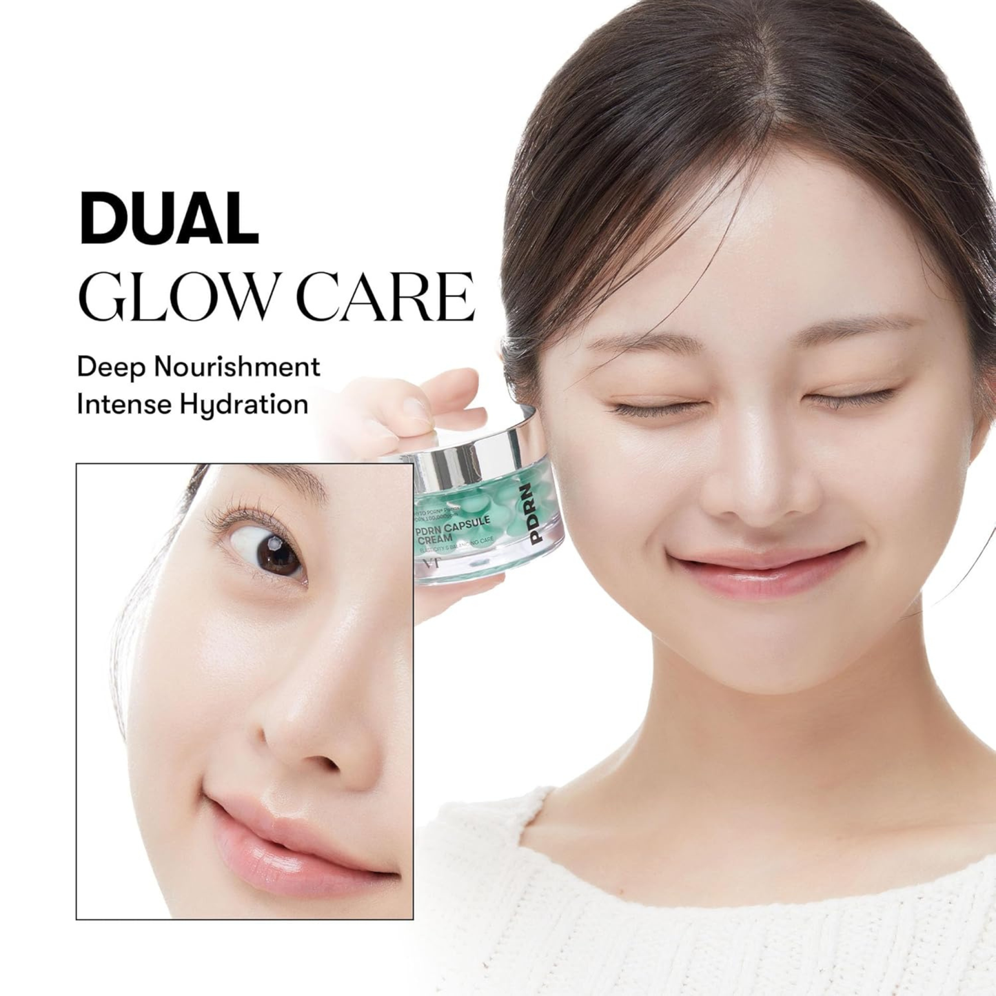 Woman holding a VT Cosmetics PDRN Capsule Cream 100 with 'Dual Glow Care' text on a white background