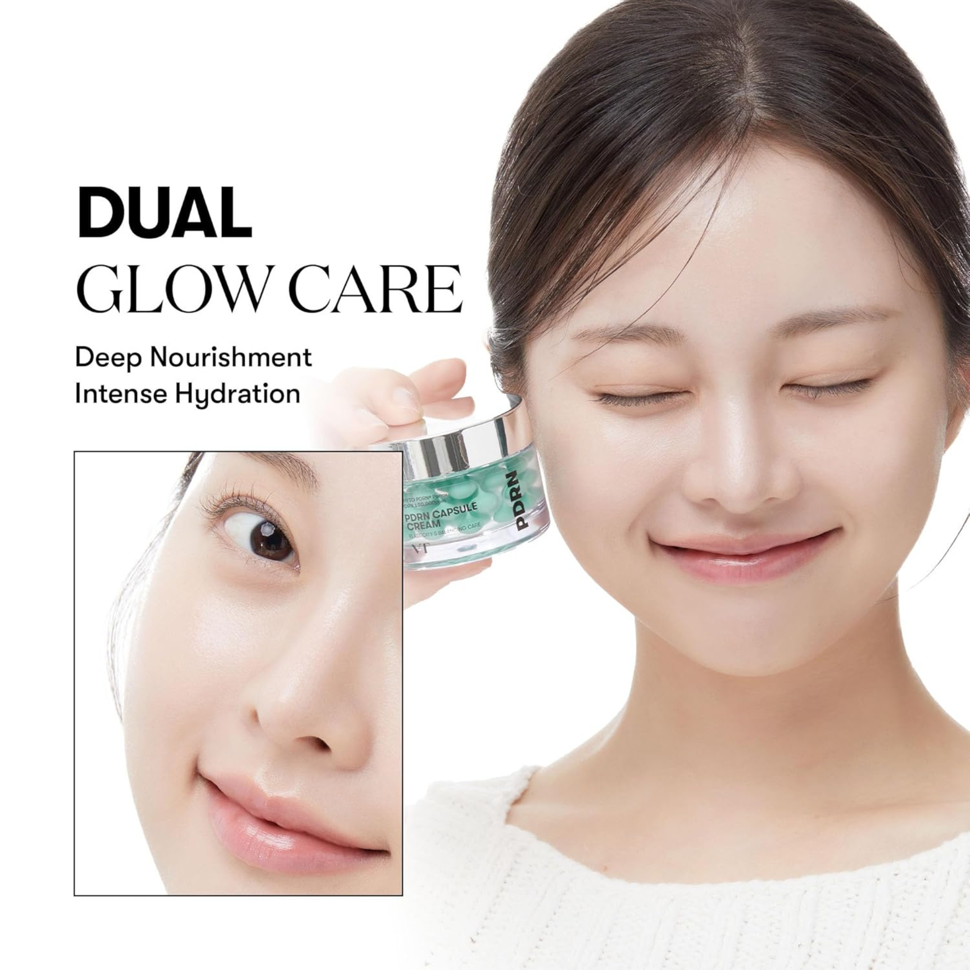 Woman holding a VT Cosmetics PDRN Capsule Cream 100 with 'Dual Glow Care' text on a white background