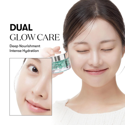 Woman holding a VT Cosmetics PDRN Capsule Cream 100 with 'Dual Glow Care' text on a white background