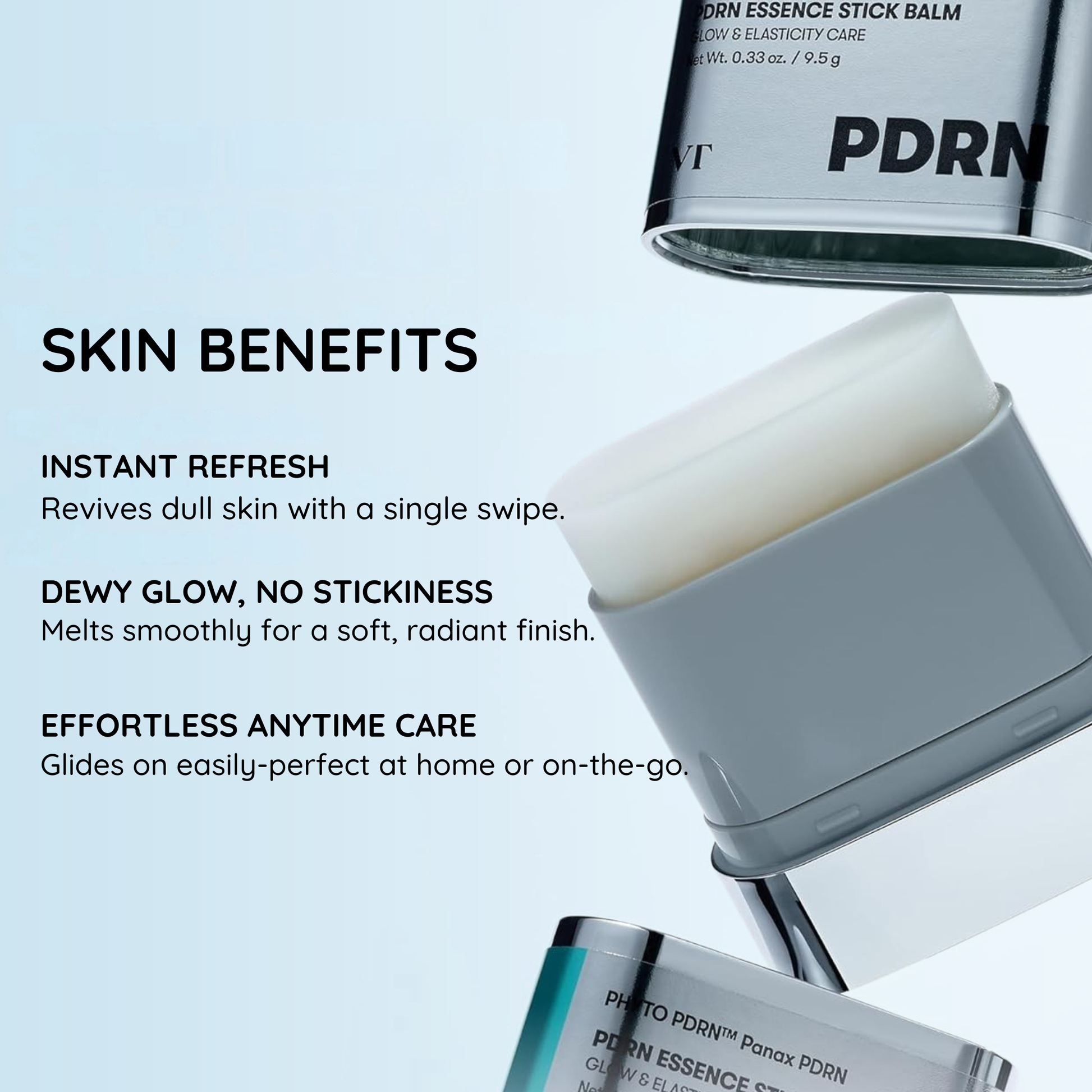 PDRN essence stick balm with text highlighting skin benefits on a light blue background