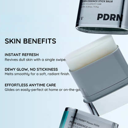 PDRN essence stick balm with text highlighting skin benefits on a light blue background