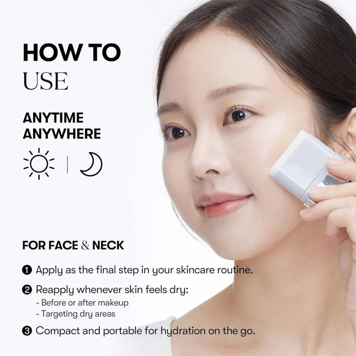 Woman applying VT Cosmetics PDRN Essence Stick Balm to face with text on how to use it anytime anywhere.