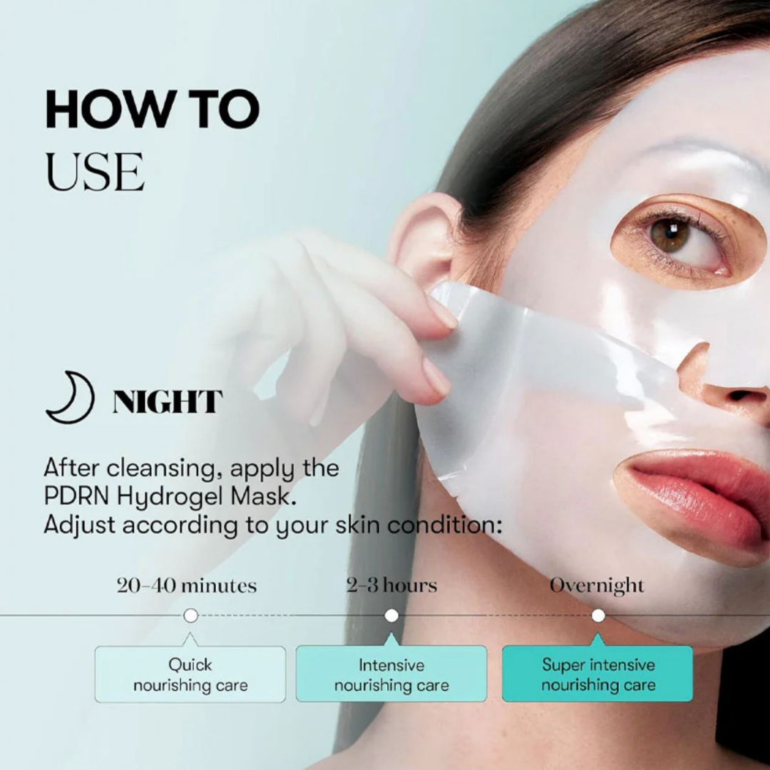 Instructions on how to use the VT Cosmetics PDRN Hydrogel Mask with a woman applying the mask to her face.