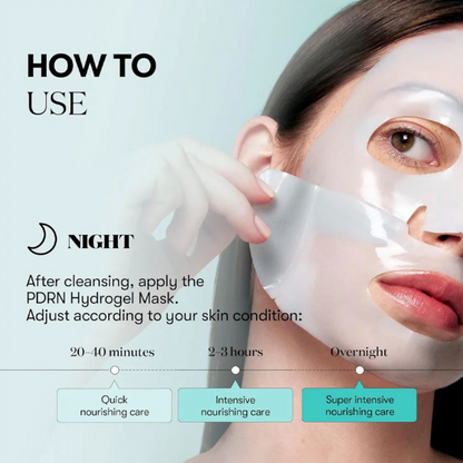 Instructions on how to use the VT Cosmetics PDRN Hydrogel Mask with a woman applying the mask to her face.