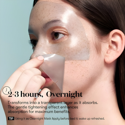 Woman removing a transparent VT Cosmetics PDRN Hydrogel Mask with text about its benefits and usage times