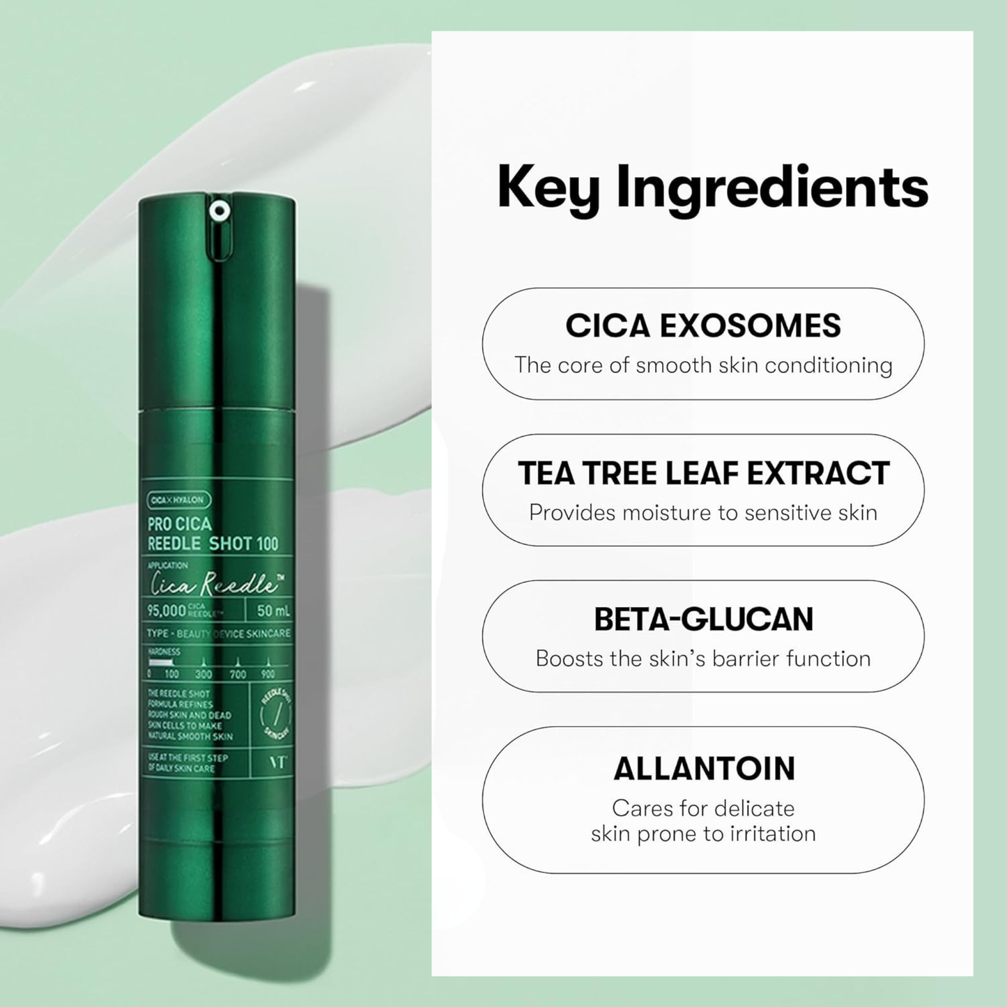 VT Cosmetics Pro Cica Reedle Shot 100 on a light green background with text on the key ingredients in the serum and their benefits