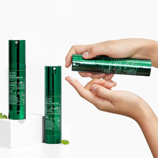 VT Cosmetics Pro Cica Reedle Shot 100 Lifestyle shot with the product being applied to a finger on a white background