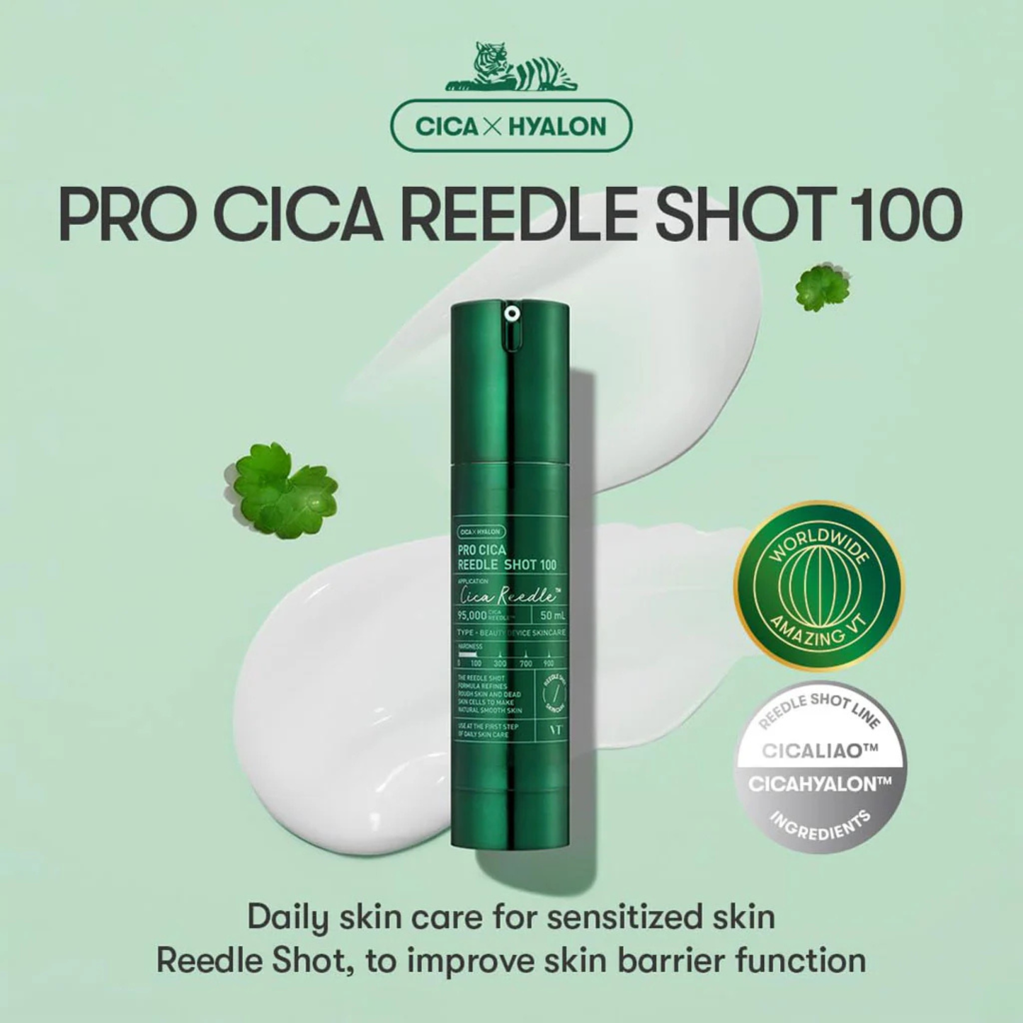 VT Cosmetics Pro Cica Reedle Shot 100 brand logo on a light green background