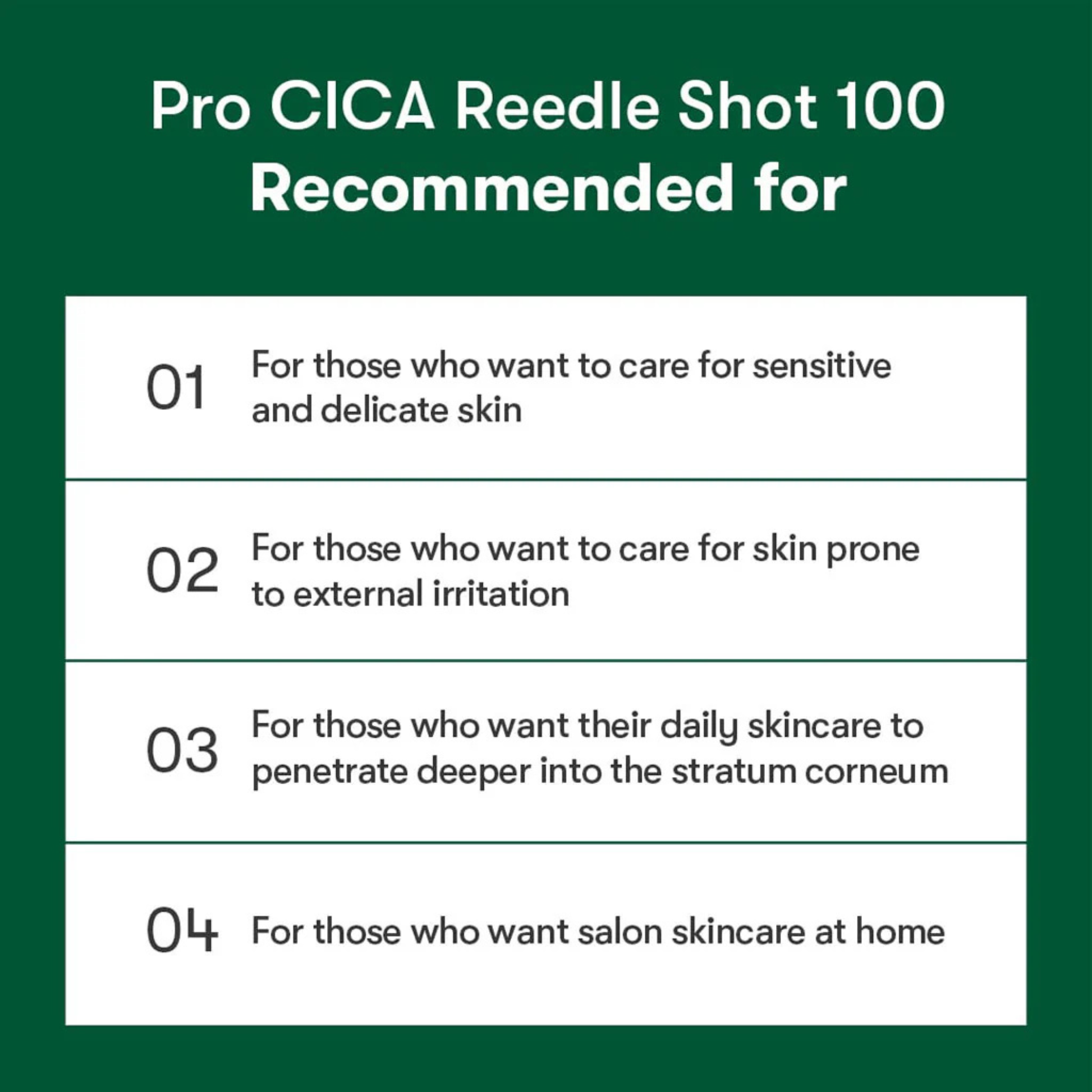 Text describing the uses of Pro CICA Reedle Shot 100 on a green background