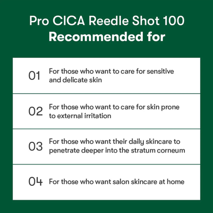 Text describing the uses of Pro CICA Reedle Shot 100 on a green background