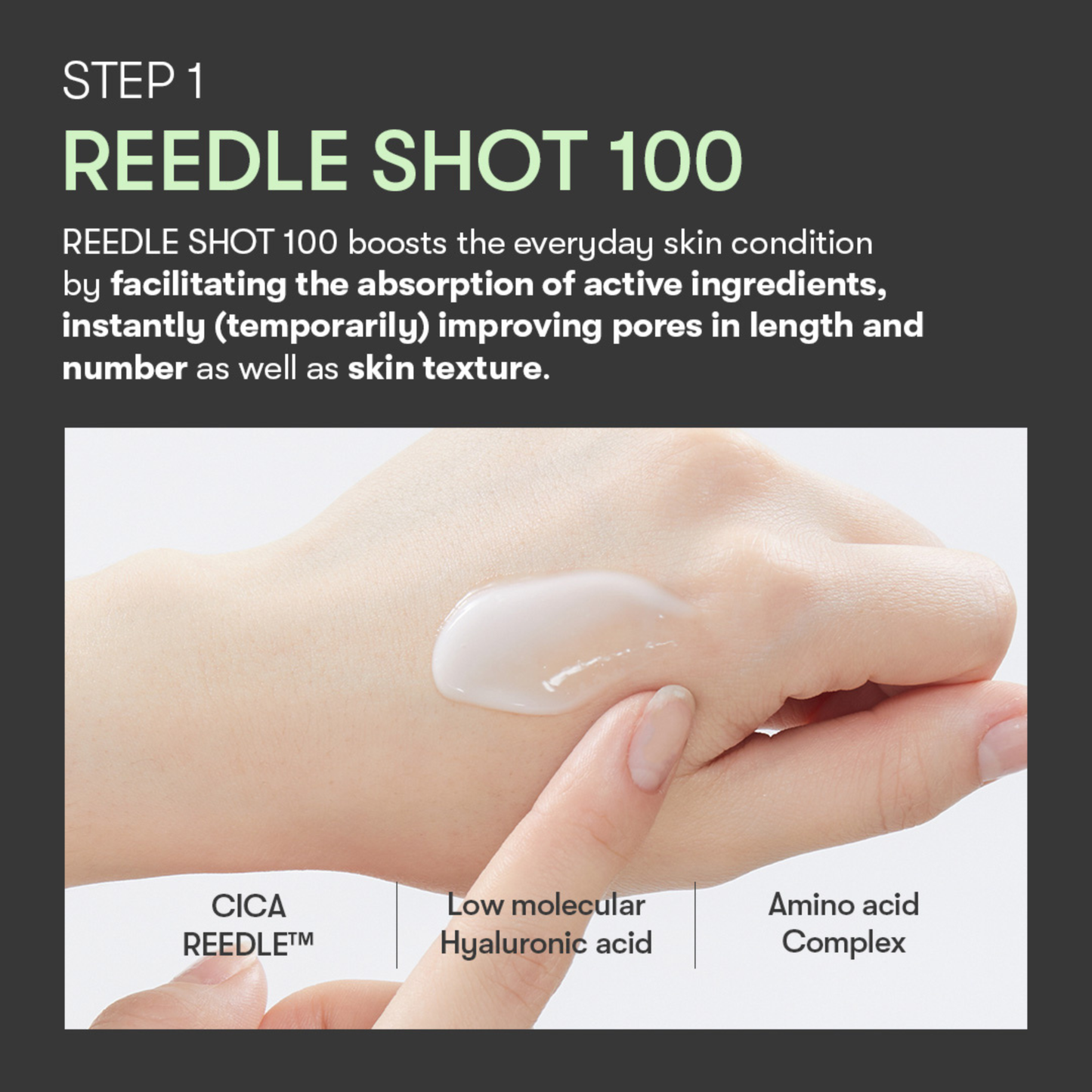 Hand applying a VT Cosmetics Reedle Shot 100 2 Step Mask with text about REEDLE SHOT 100 on a dark background. Step 1