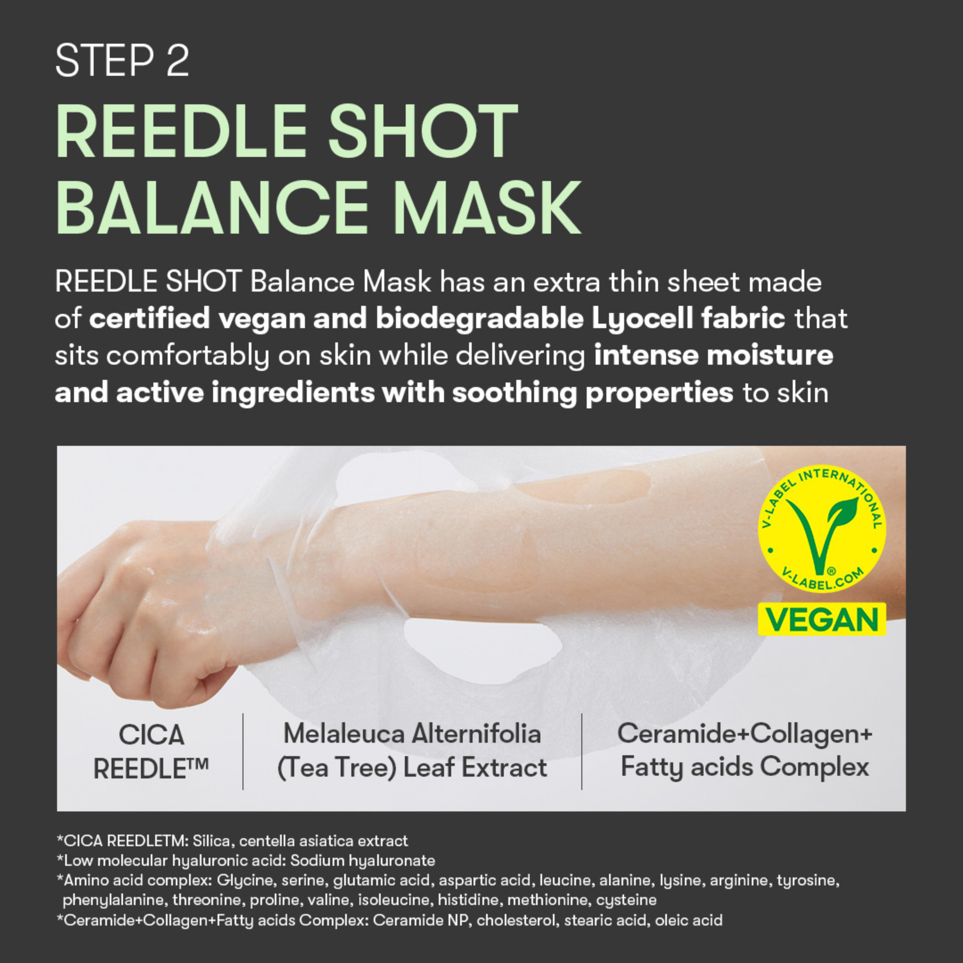 Advertisement for VT Cosmetics Reedle Shot 100 2 Step Mask with text about step 2 of the mask and the mask applied to an arm on a dark background.