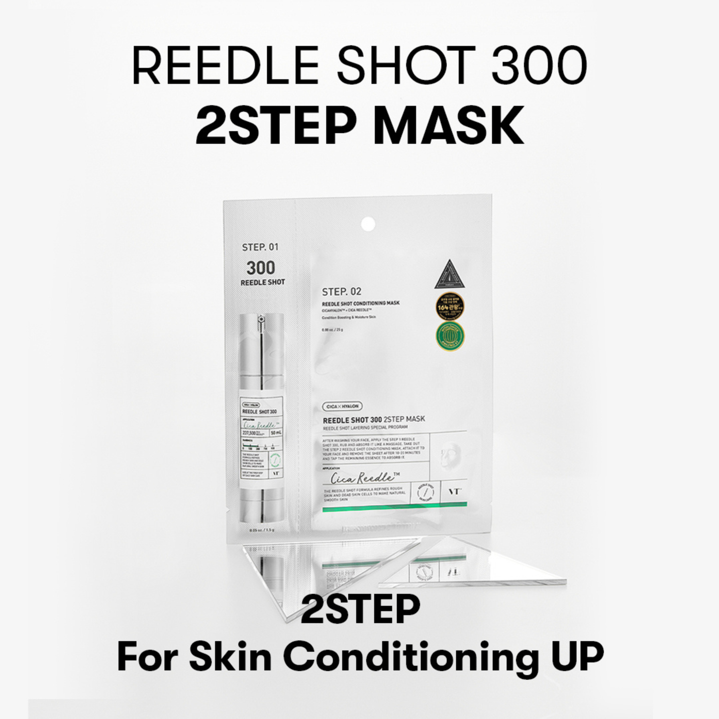 VT Cosmetics Reedle Shot 300 2 Step Mask with Title on a light grey background