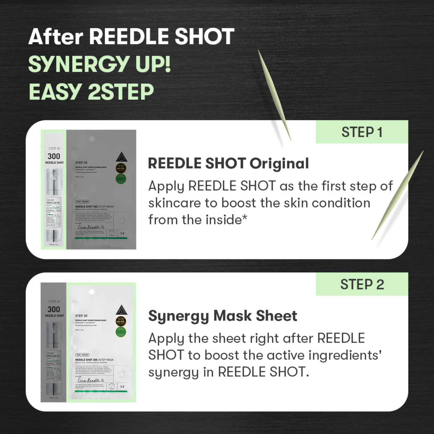 Instructions for using VT Cosmetics Reedle Shot 300 2 Step Mask with text and images of packaging on a dark background.