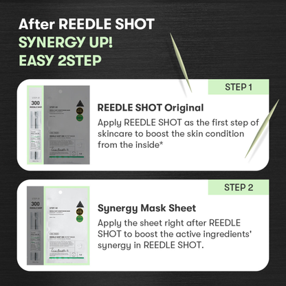 Instructions for using VT Cosmetics Reedle Shot 300 2 Step Mask with text and images of packaging on a dark background.