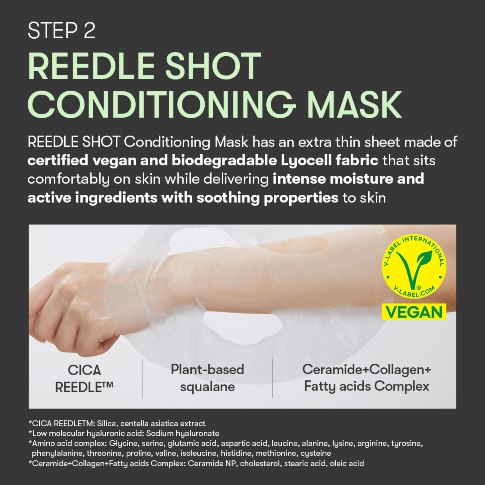 Information on step 2 of the VT Cosmetics Reedle Shot 300 2 Step Mask with text and the mask draped over an arm
