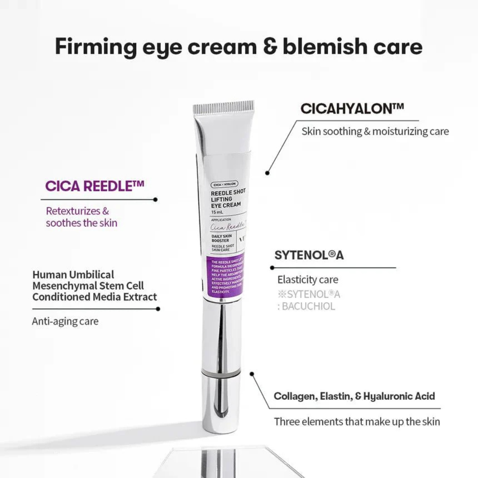 VT Cosmetics Reedle Shot Lifting Eye Cream with text detailing its ingredients and benefits on a white background