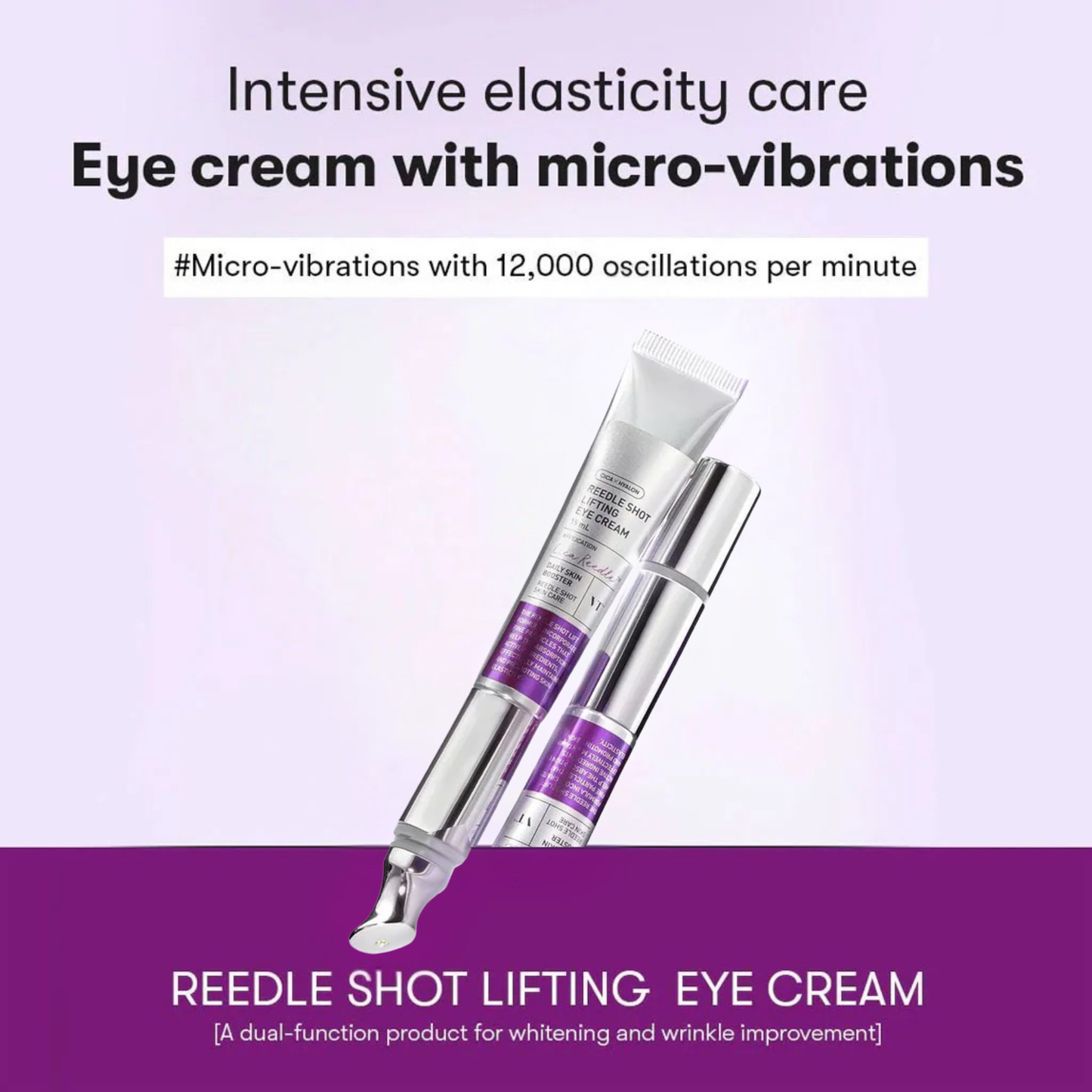 Reedle shot lifting eye cream with text on micro-vibrations of the product on a purple background