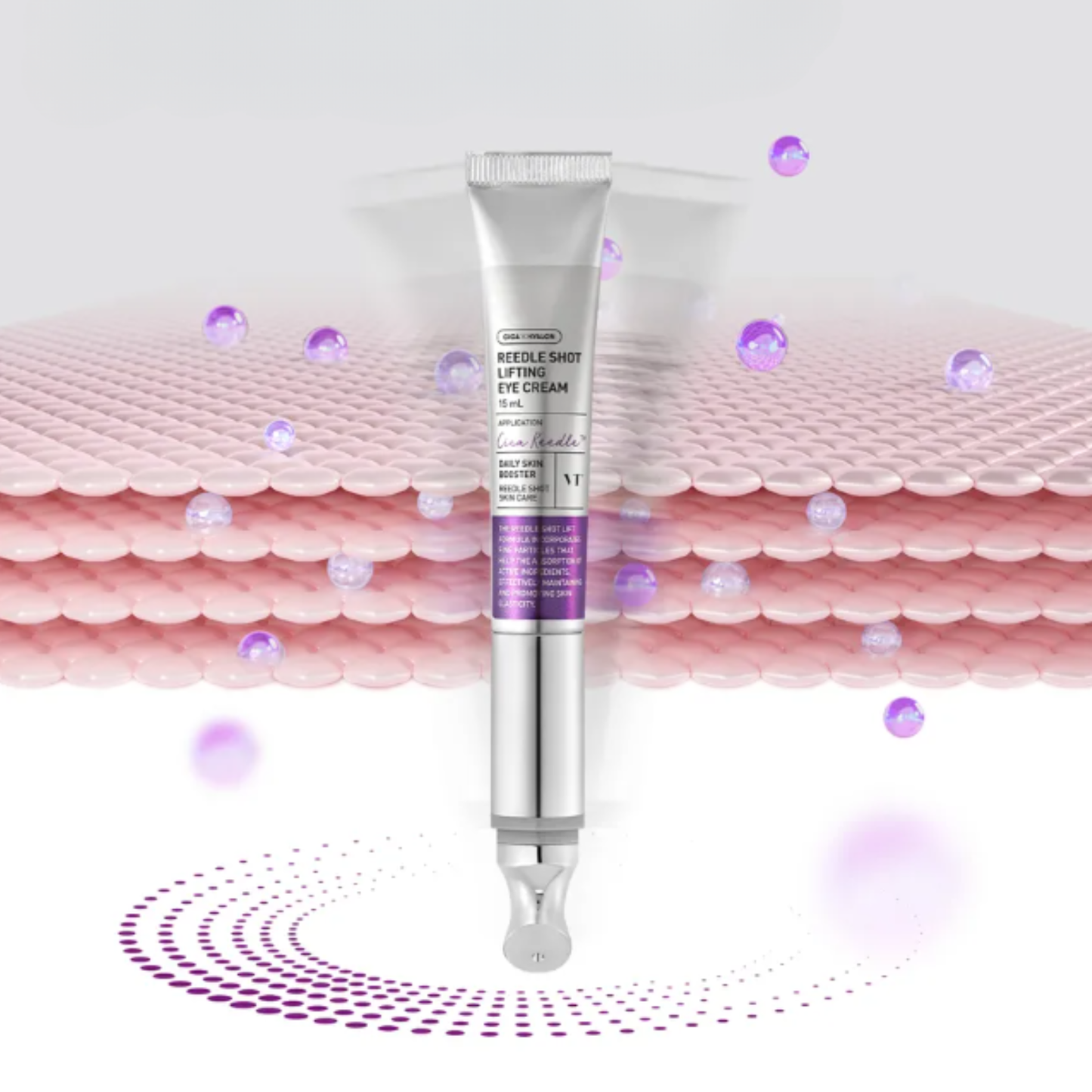 VT Cosmetics Reedle Shot Lifting Eye Cream tube showing the oscillating action of the product with skin texture diagram background