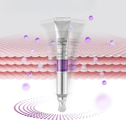 VT Cosmetics Reedle Shot Lifting Eye Cream tube showing the oscillating action of the product with skin texture diagram background
