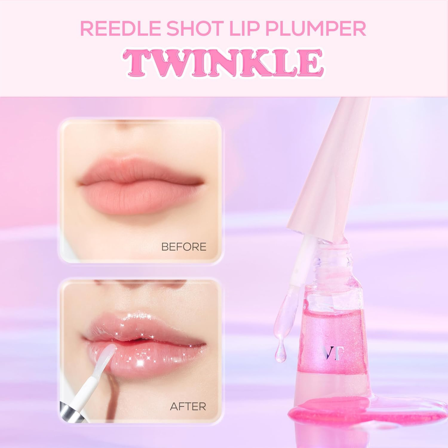 Before and after application of VT Cosmetics Reedle Shot Lip Plumper - Twinkle on lips
