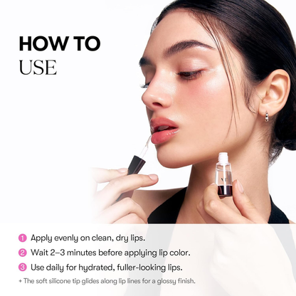 Woman applying VT Cosmetics Reedle Shot Lip Plumper Expert with instructions on how to use the lip plumper