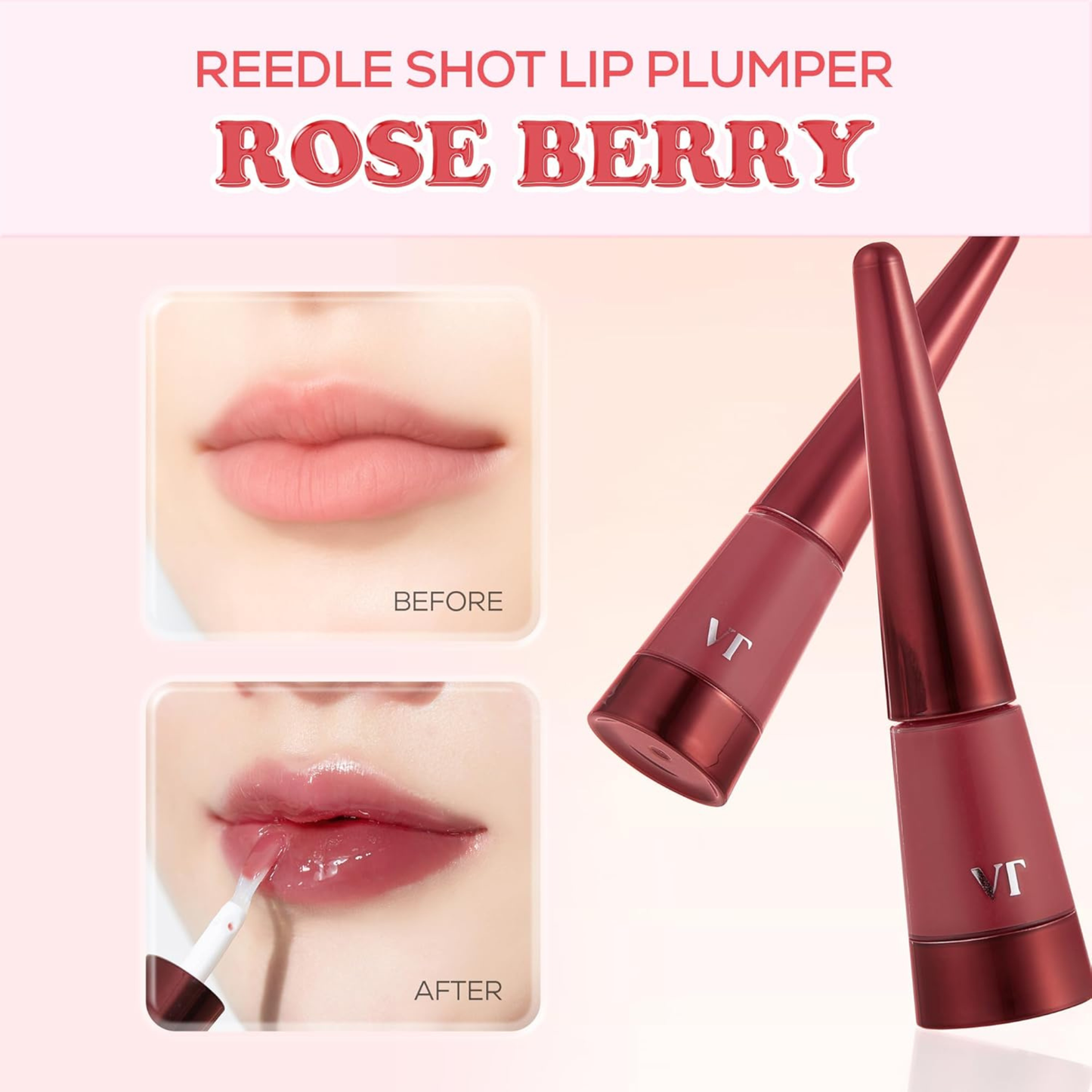 VT Cosmetics Reedle Shot Lip Plumper – Rose Berry showing before and after effects on lips.