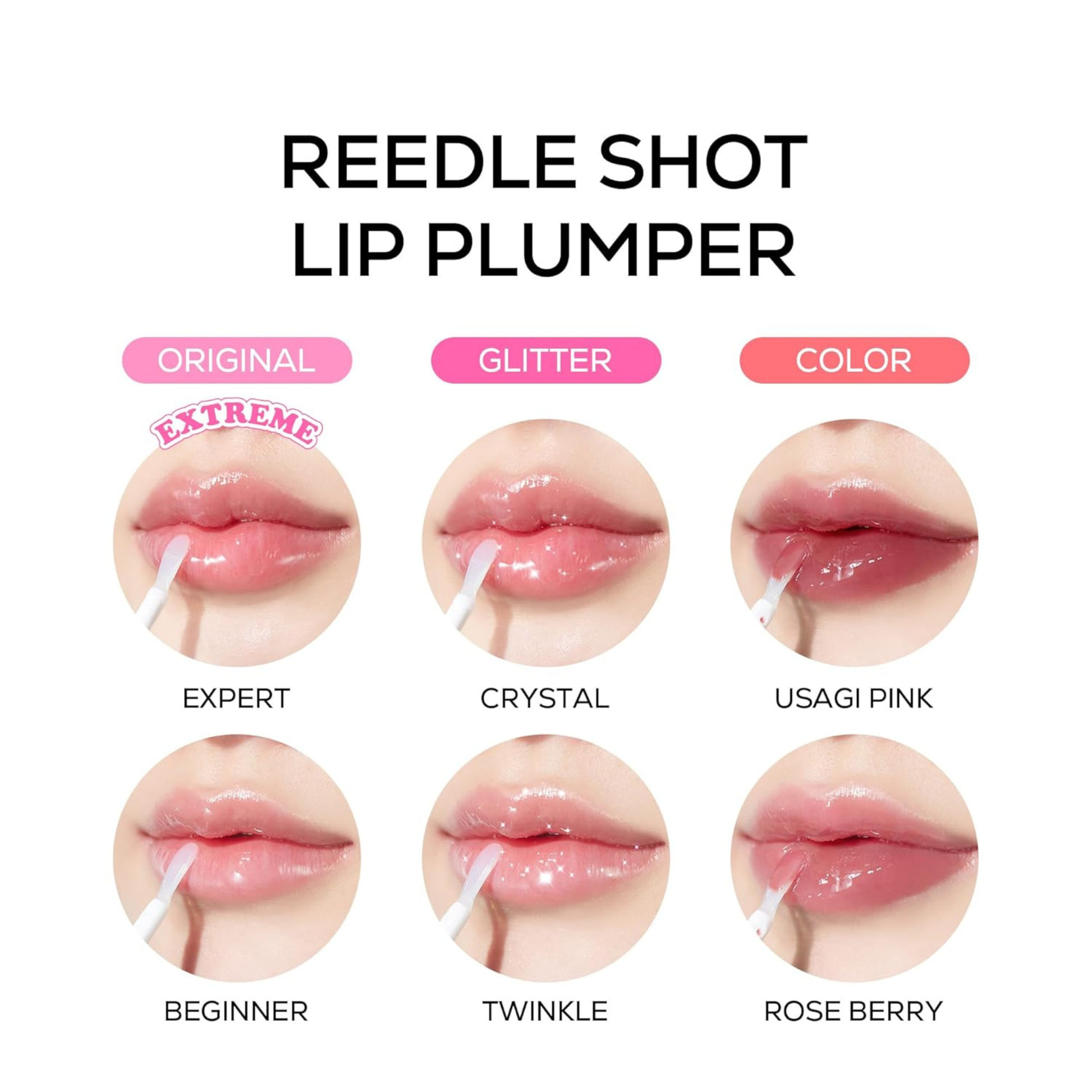 Reedle Shot Lip Plumper with various color options on a white background
