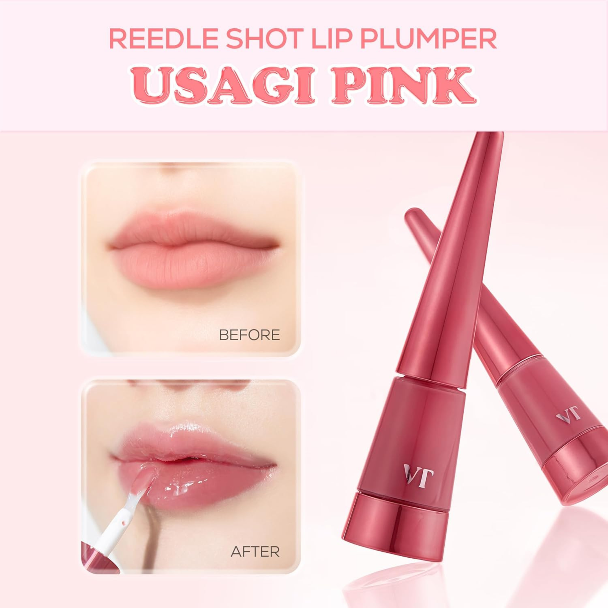 VT Reedle Shot Lip Plumper in Usagi Pink with 'Before' and 'After' effects on lips.